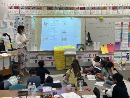 教室里的学生们看着一块写着帝王蝶的白板.